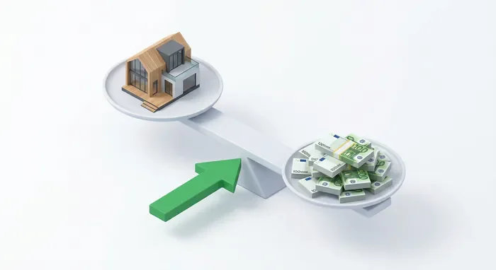 LTV immobilier : calcul et guide 2026 - 3 astuces LTV pour votre prêt - Quel ratio LTV viser en 2026 ? Illustration d'une balance équilibrant une maison et de l'argent.