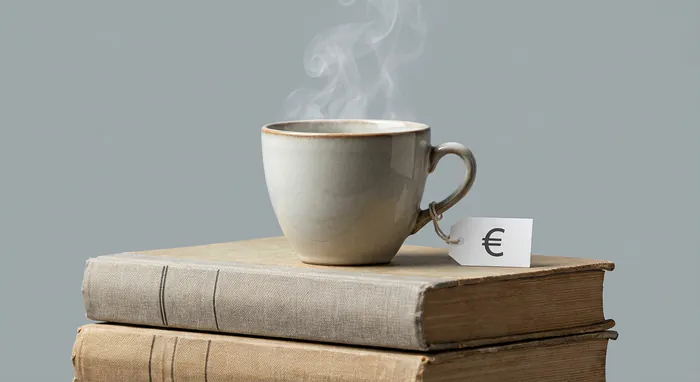 Ouvrir une librairie café : guide 2026 - 5 étapes pour réussir en 2026 - Comment ouvrir une librairie café ? Tasse de café sur une pile de livres avec une étiquette de prix en euros.